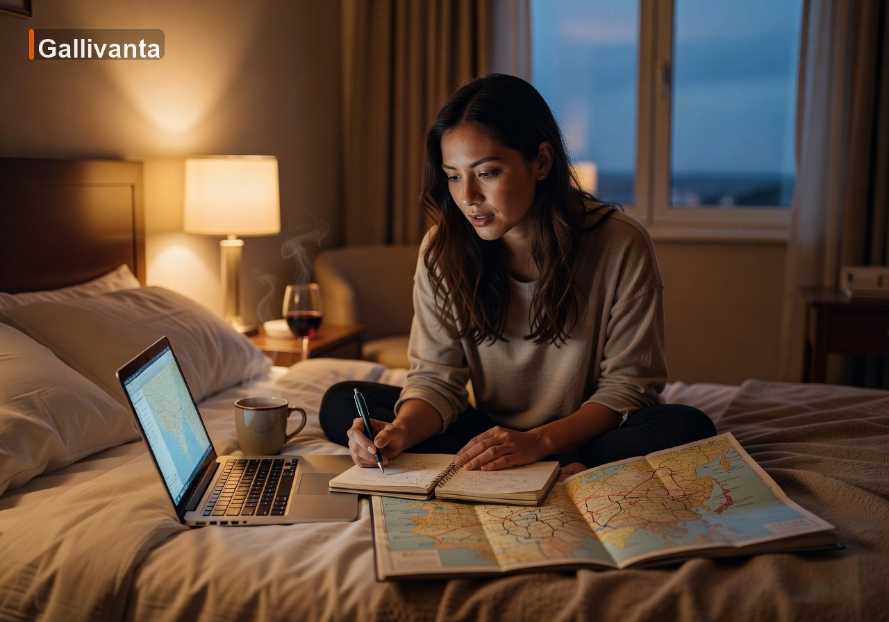 7 Solo Date Night Ideas for Travelers in Hotel Rooms 4 Woman in a hotel room planning her next adventures during a solo dreaming session