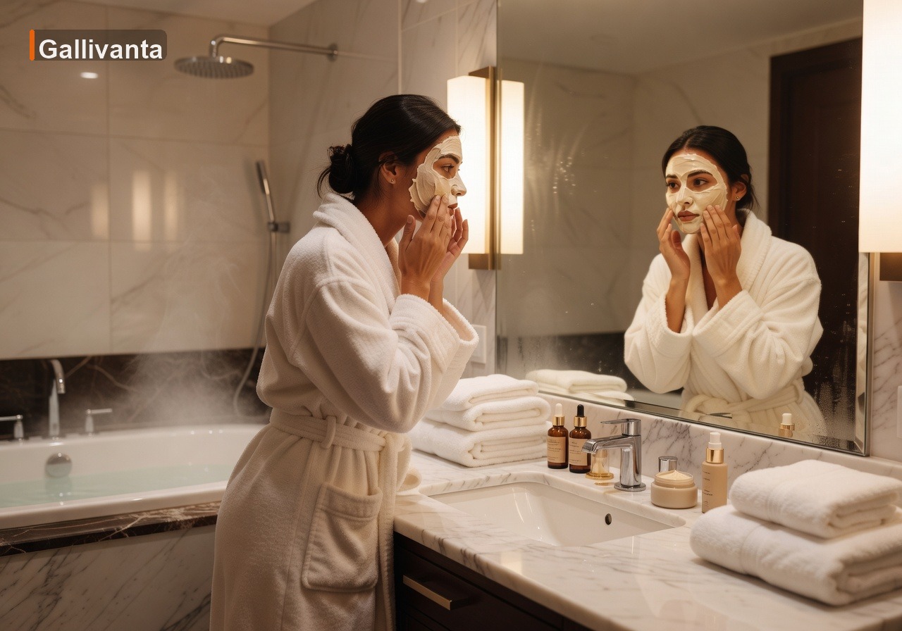 7 Solo Date Night Ideas for Travelers in Hotel Rooms 2 Woman performing a luxurious self-care ritual with face mask and bath in a hotel bathroom