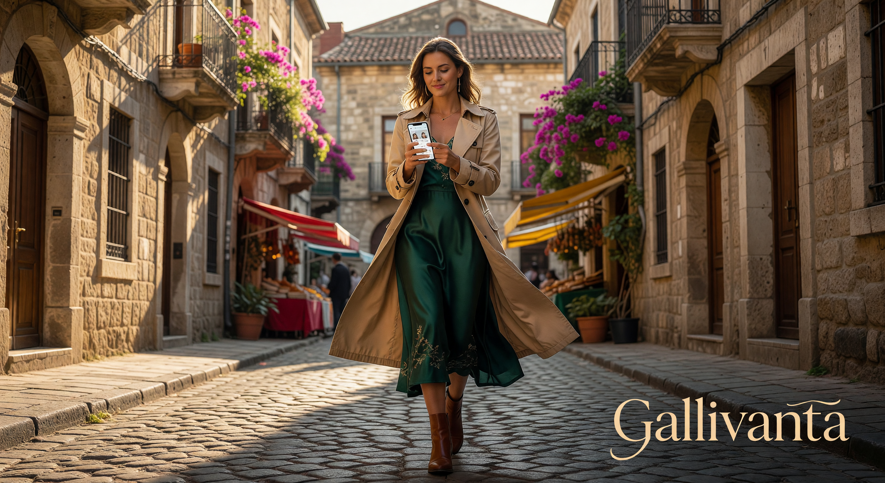 Traveler checking a travel dating app while walking through a vibrant old-town street with Gallivanta overlay
Best Travel Dating Apps