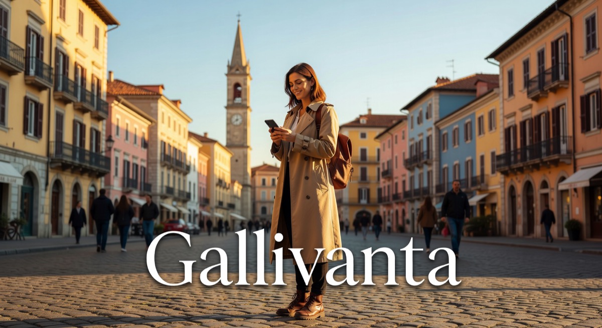 Confident woman on sunlit balcony overlooking European city at golden hour, holding wine, Gallivanta