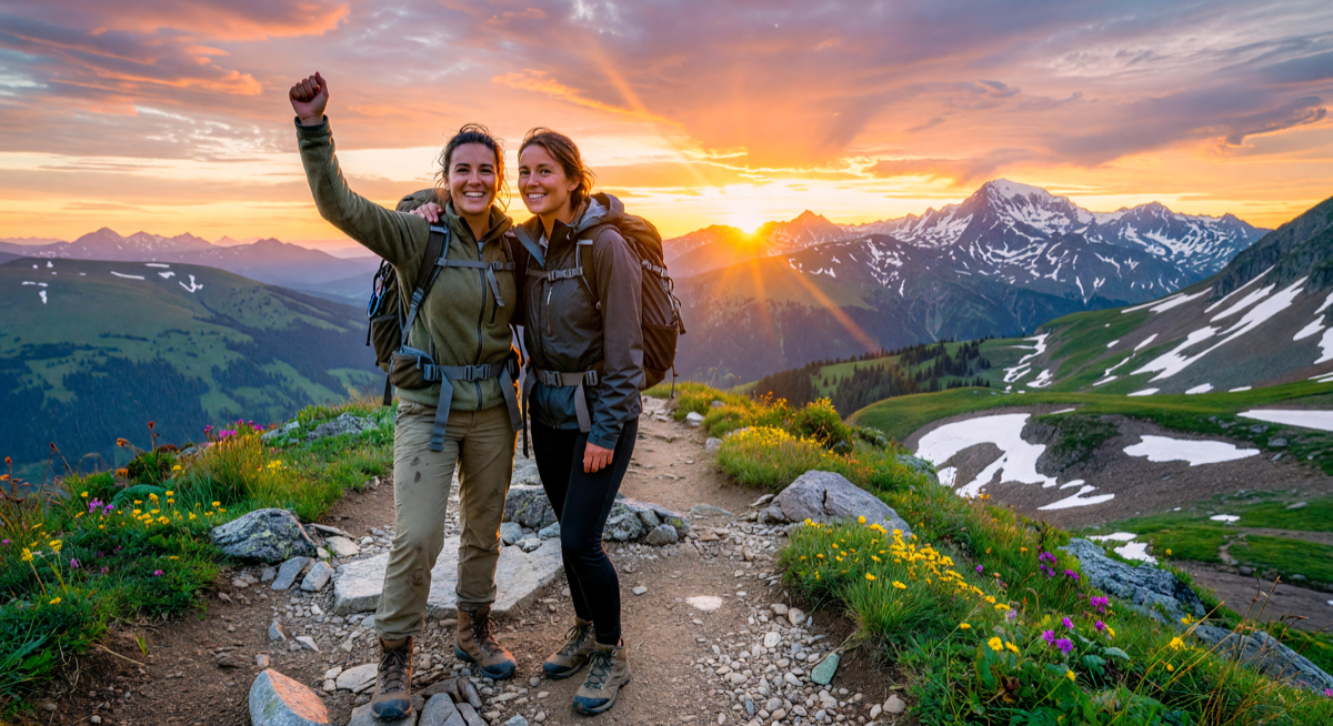 Two women hikers celebrating at mountain sunrise