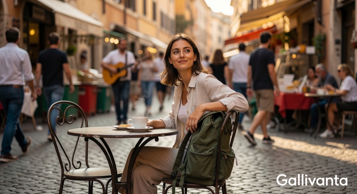 Solo traveler at a busy cafe, keeping belongings close and aware of surroundings