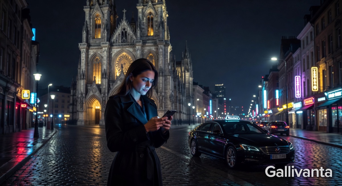 Woman using a rideshare app at night in a well-lit foreign city