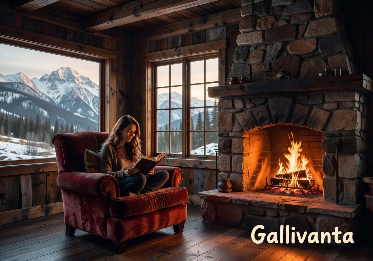 Solo traveler reading by a fireplace in a cozy mountain cabin