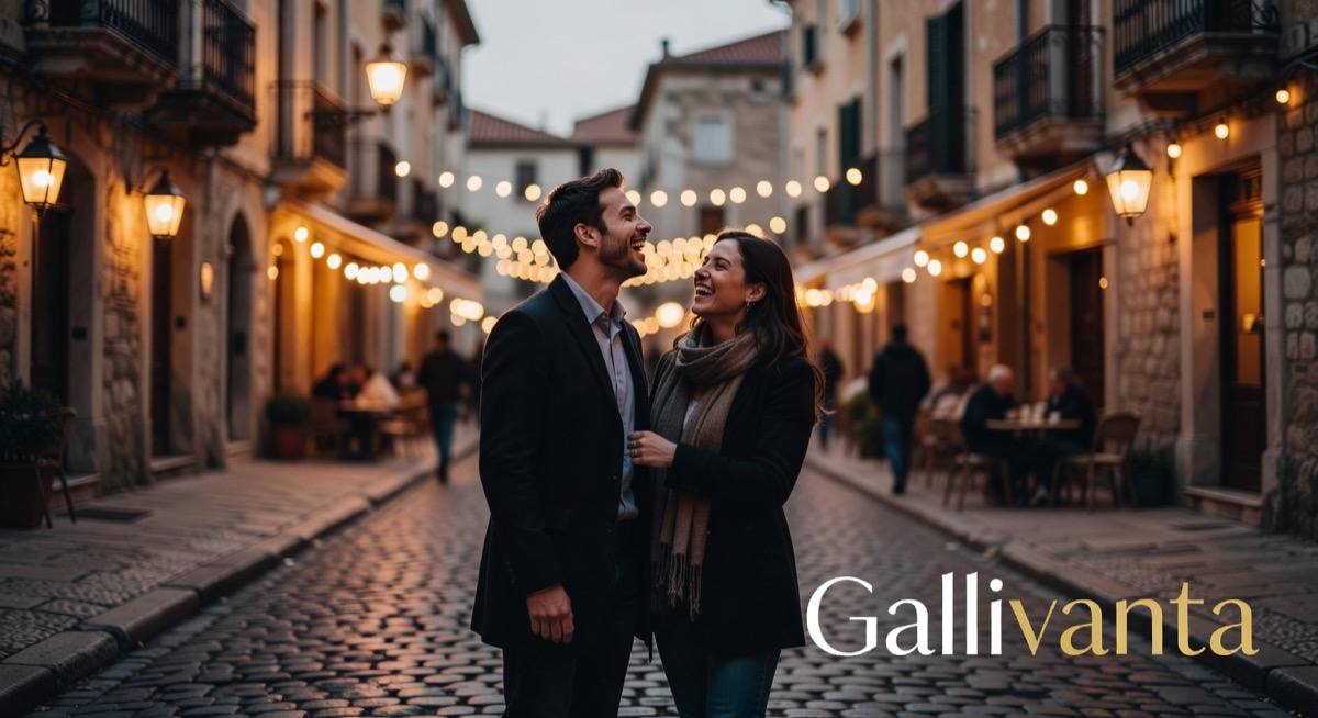 Two travelers laughing together on a charming European city street at dusk with cafe lights