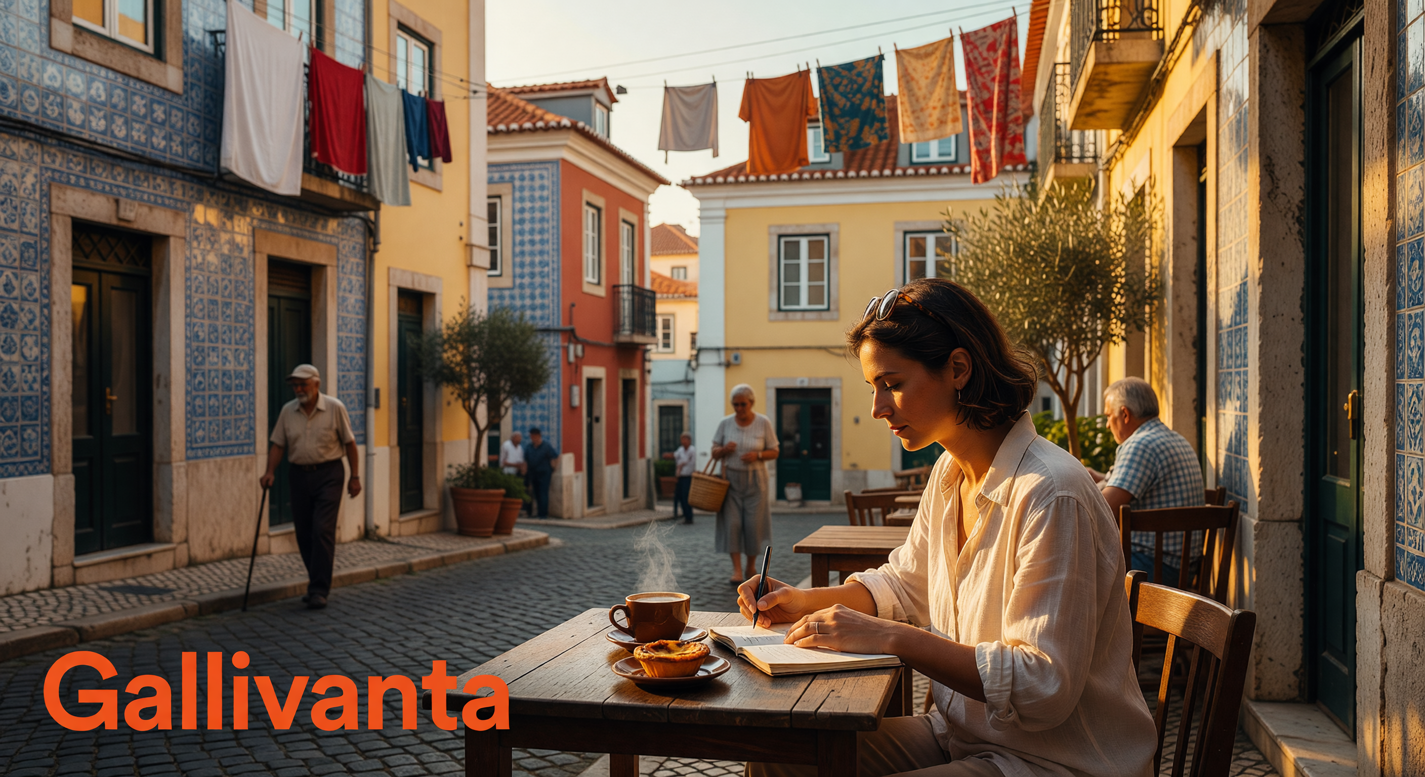 7 Safest Solo Travel Destinations for 2026: Tested by Real Travelers 3 Solo traveler walking a Lisbon street at golden hour with Gallivanta branding.