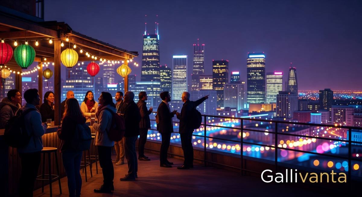 Vibrant rooftop bar overlooking a glittering city skyline at night with travelers mingling