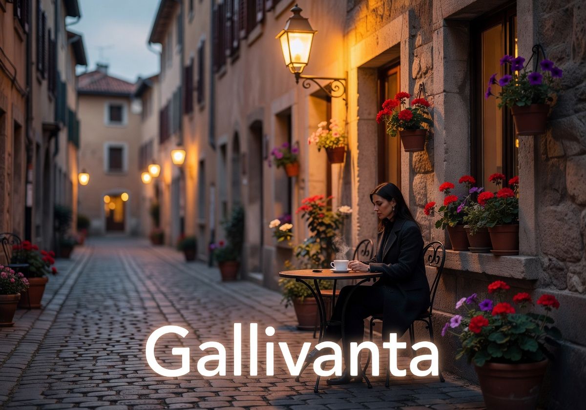 Solo traveler at a small cafe table on a romantic European street at dusk