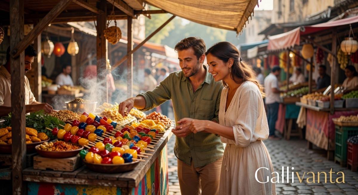 Travelers discovering colorful street food together at an exotic market with warm natural light