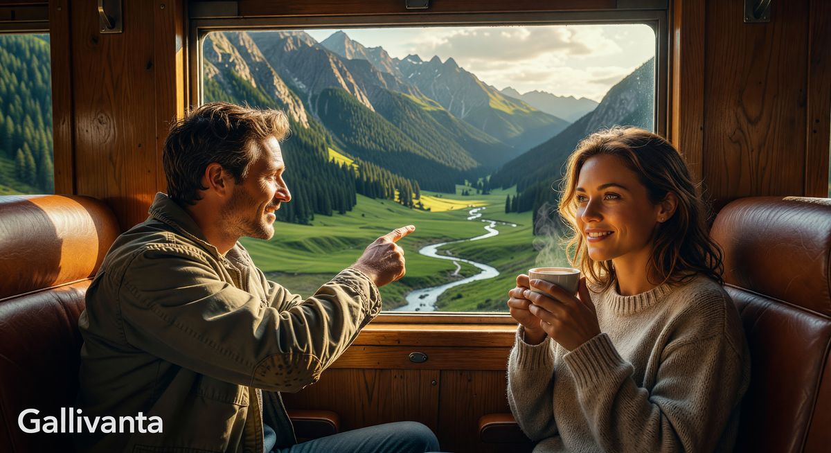 Two travelers starting a conversation on a scenic mountain train journey