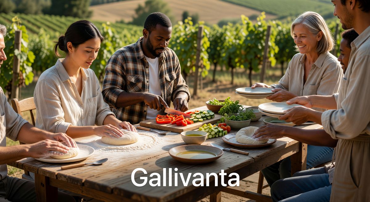 Diverse travelers gathered around a rustic wooden table during an outdoor cooking class