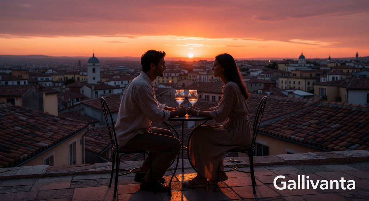 Romantic sunset rooftop terrace with two people at a small bistro table overlooking a foreign city