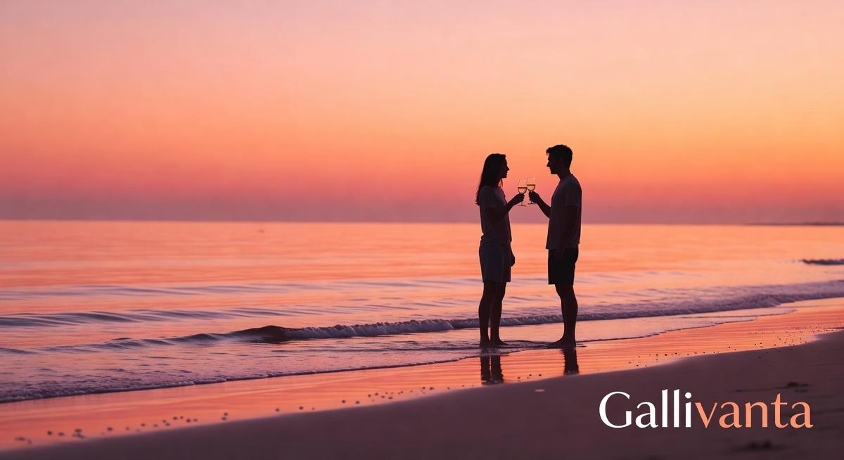 Romantic travel atmosphere scene with beach sunset vibe
