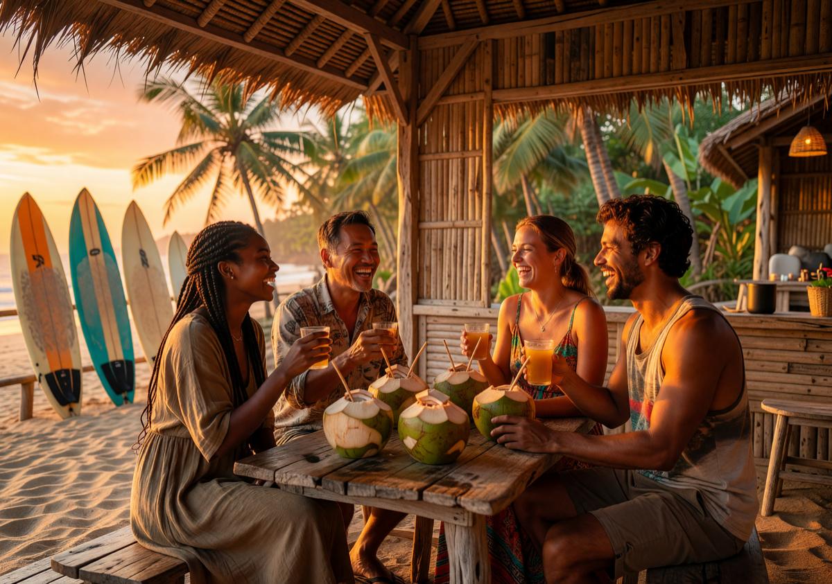 Solo traveler relaxing at a vibrant open-air cafe in Ubud Bali during summer 2026