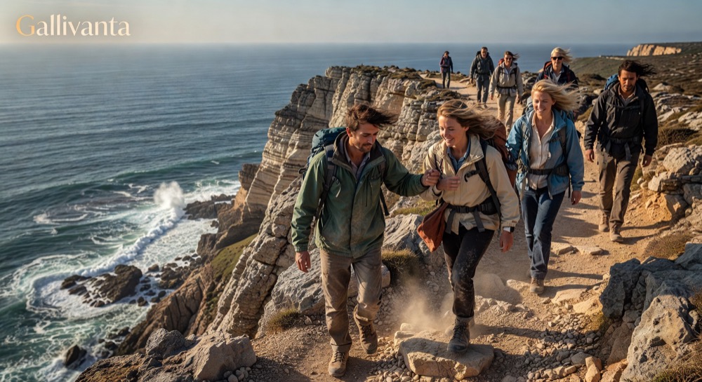 Solo travelers hiking a coastal trail together and helping each other