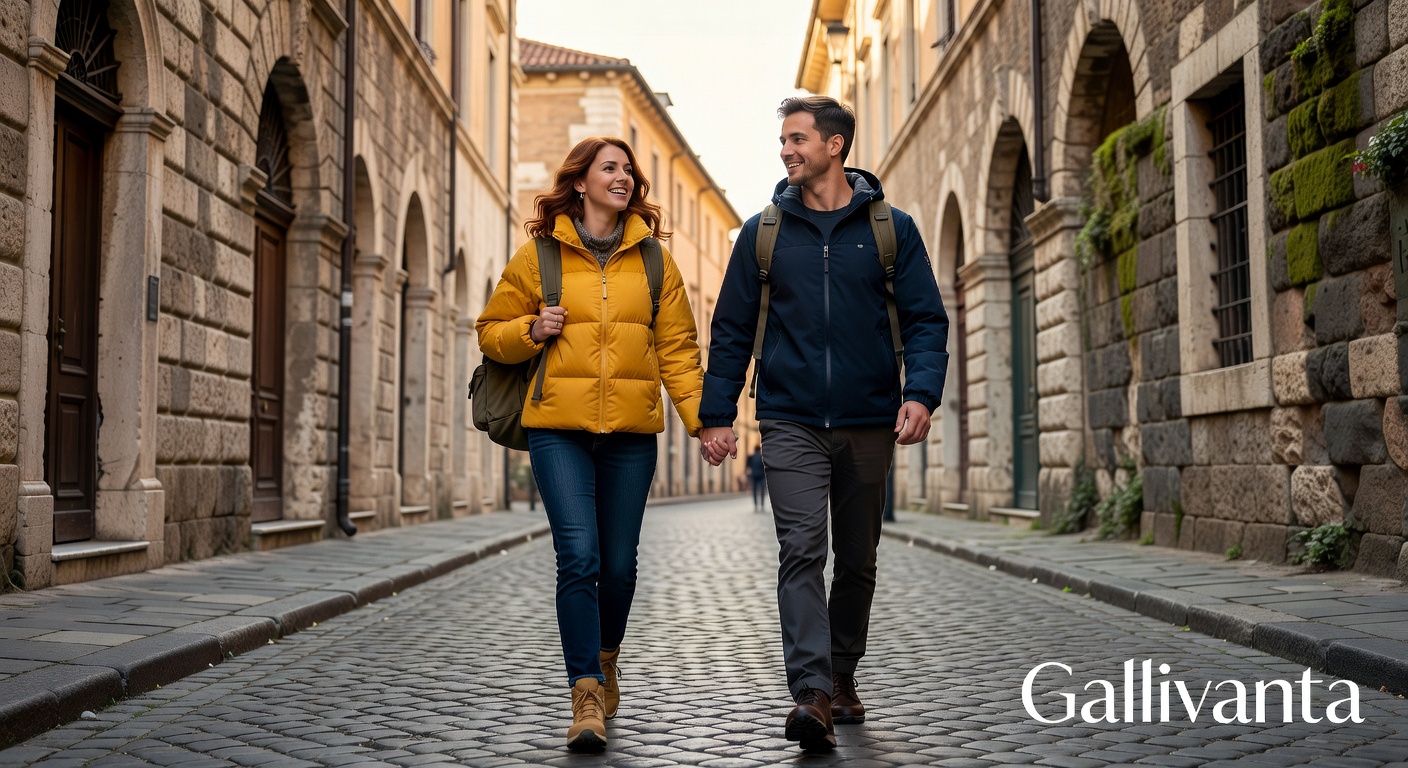 Couple exploring a European city together while traveling