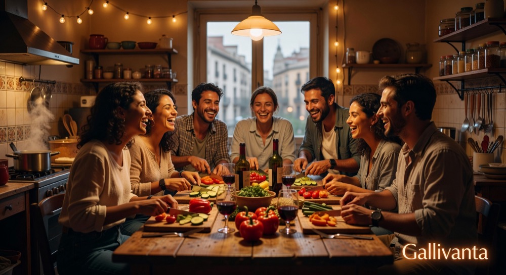 Travelers bonding over cooking in a hostel kitchen in Barcelona