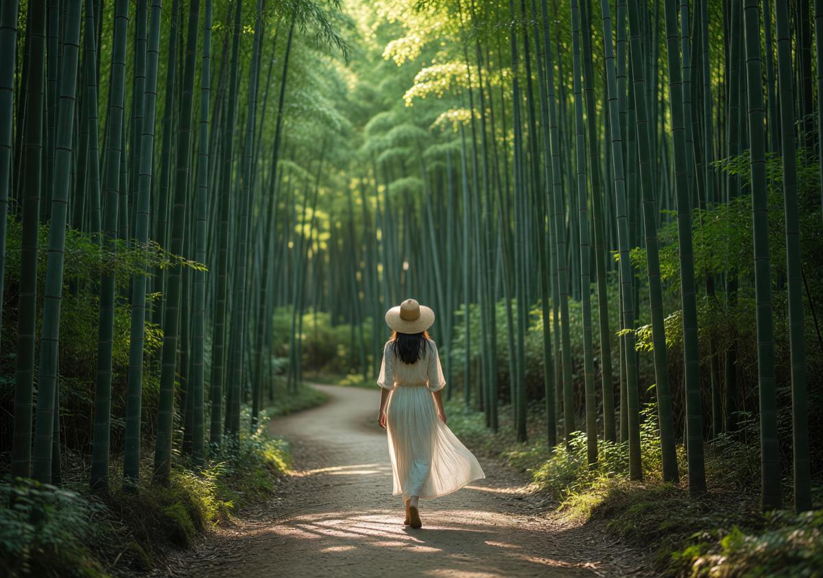 Woman walking through the lush Arashiyama bamboo grove in Kyoto Japan summer morning