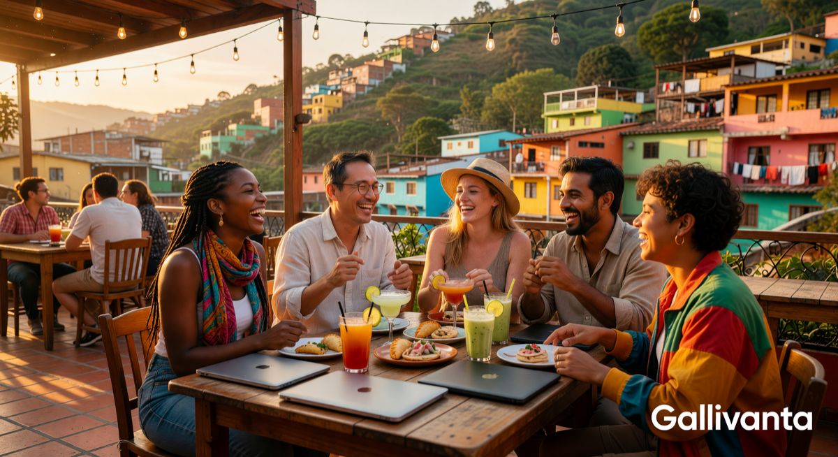 Solo travelers connecting over drinks at a colorful outdoor terrace in a Latin American city