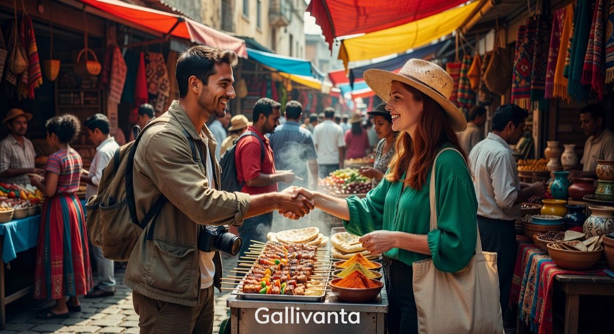 Two travelers meeting for the first time at a lively outdoor market