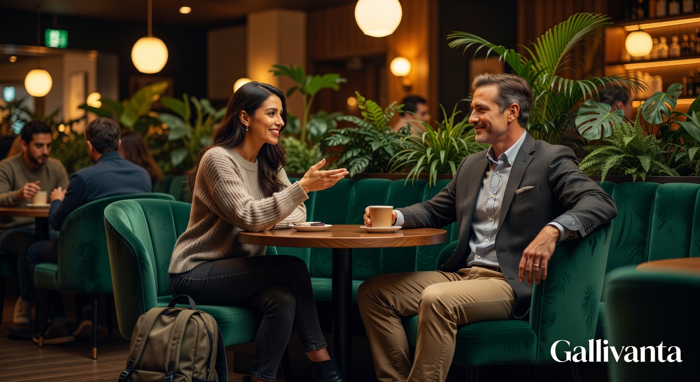 Couple meeting safely in a public café while traveling