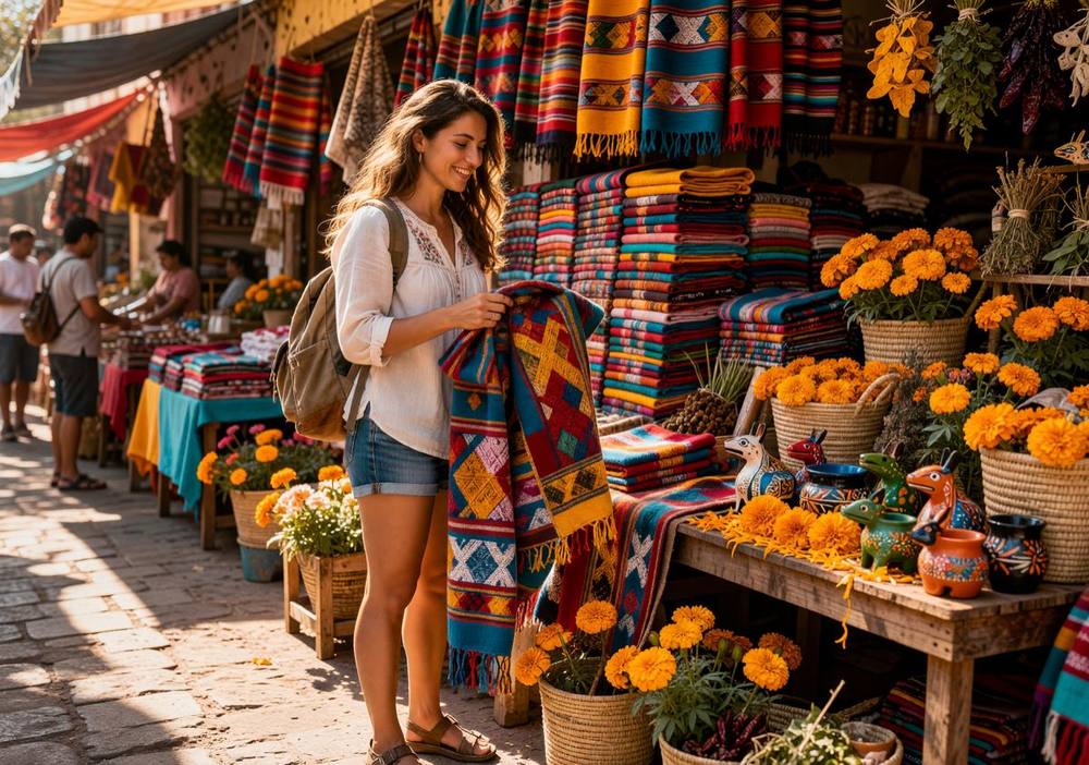 Colorful local market stalls in Oaxaca Mexico with fresh produce and artisan crafts