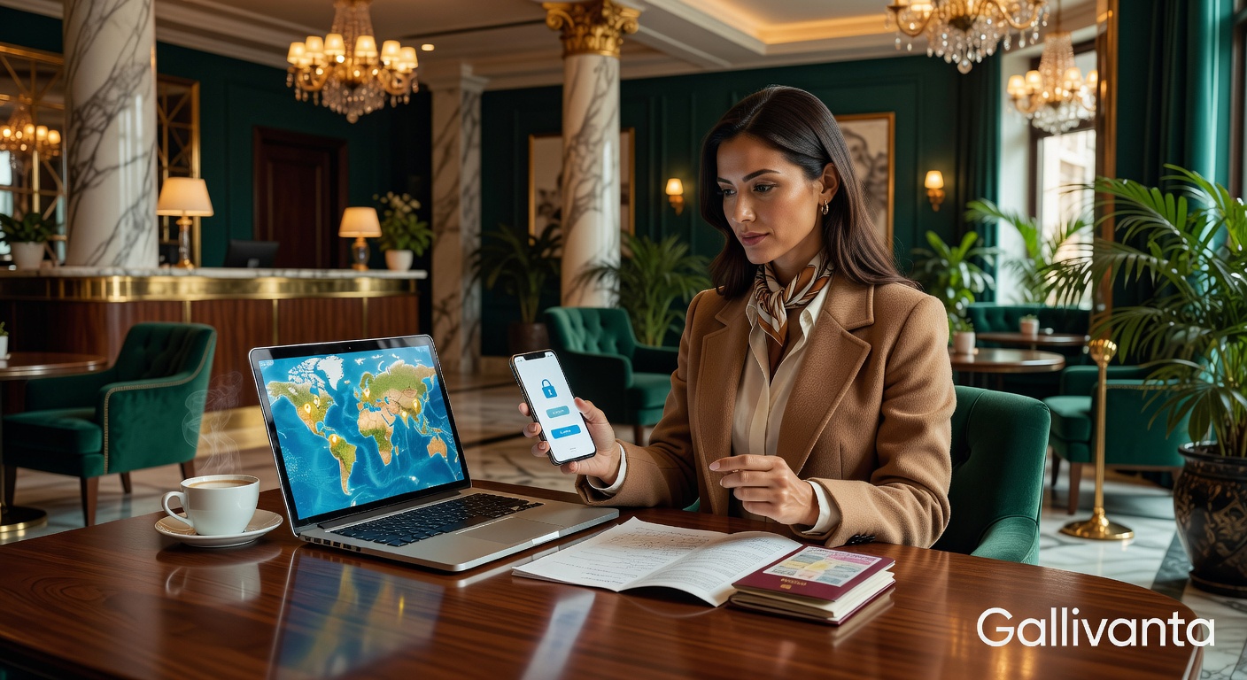 Woman planning travel date safely with phone and laptop