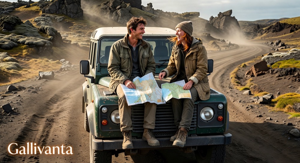 Two travelers sharing a spontaneous road trip moment in a dramatic landscape