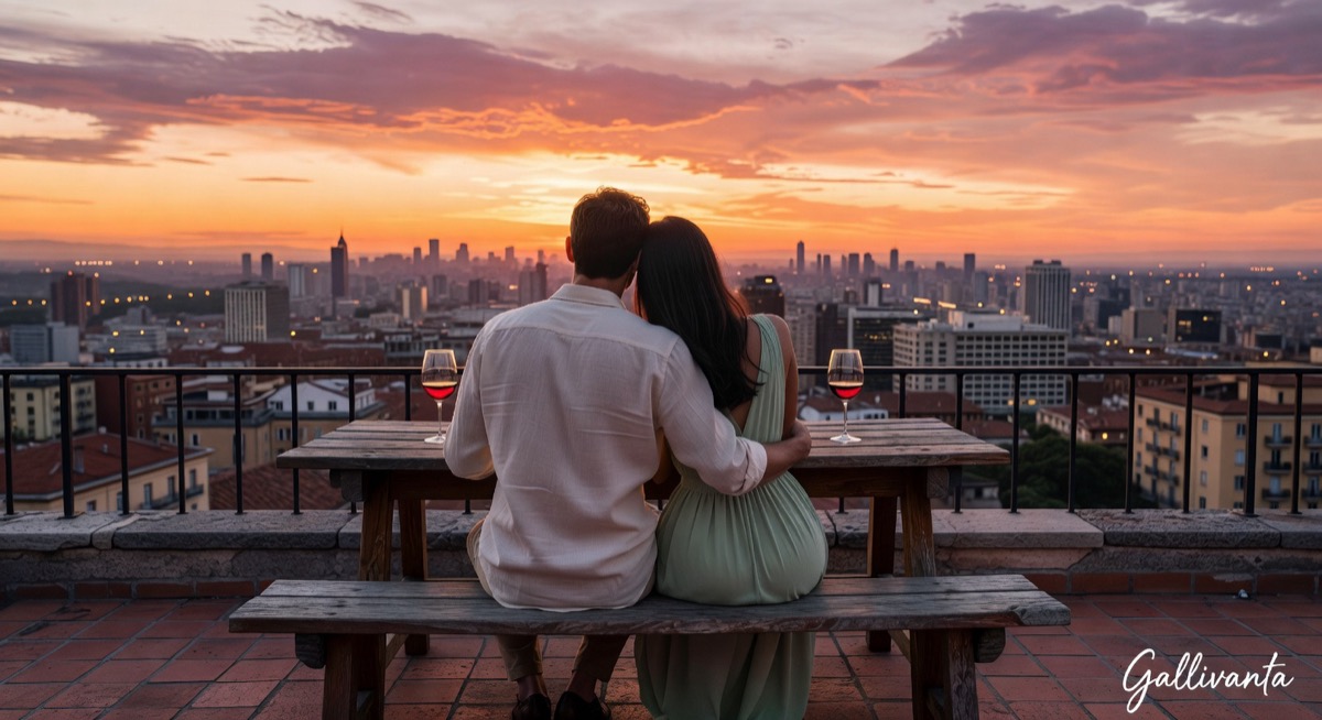 Couple sharing a sunset view from a rooftop bar or terrace