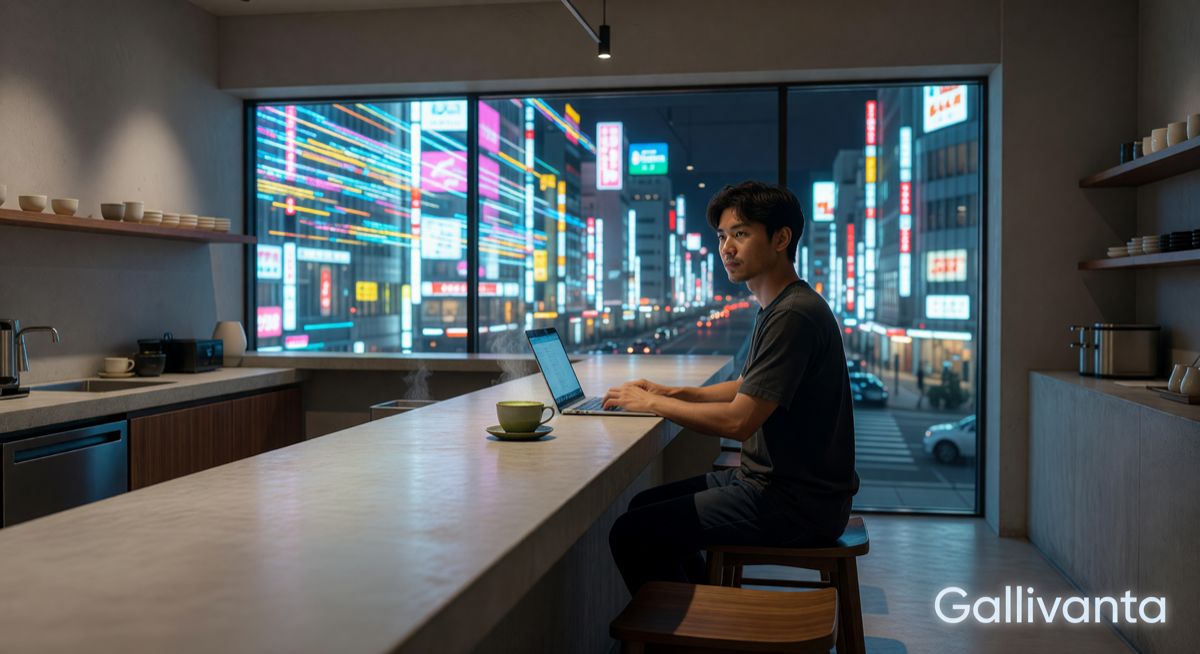 Solo digital nomad working at a minimalist Japanese cafe with neon city lights outside