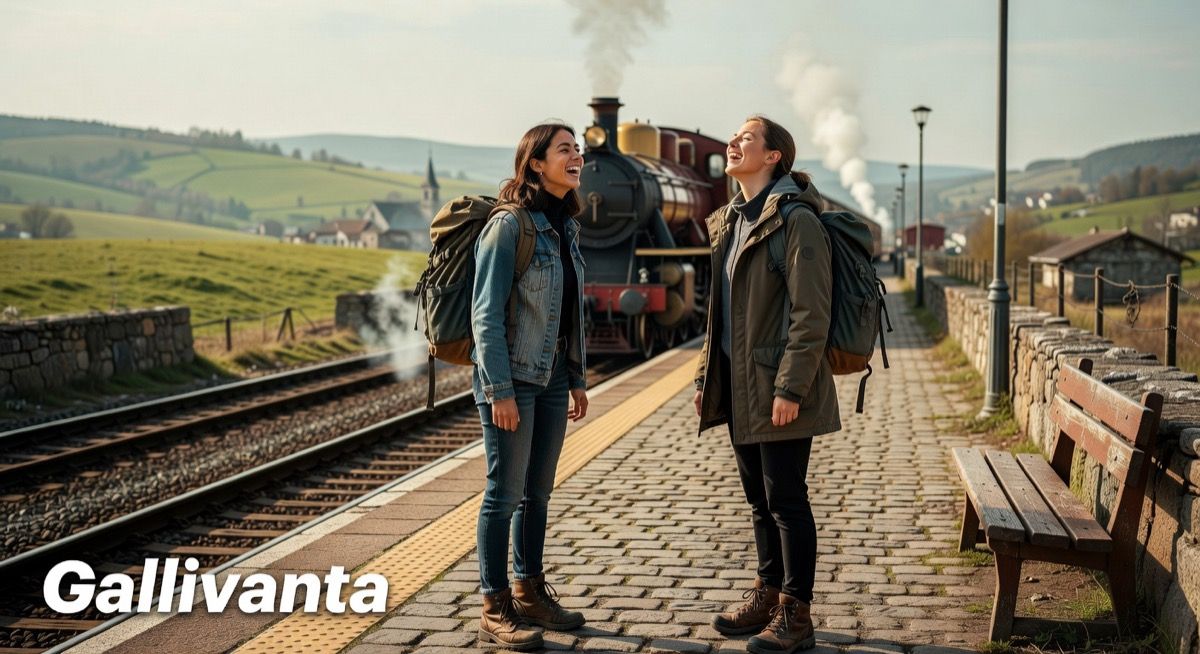 Travelers laughing together on a train or at a train station platform