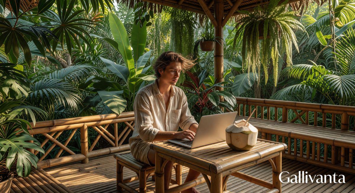 Remote worker on laptop in a tropical bamboo coworking space surrounded by jungle greenery