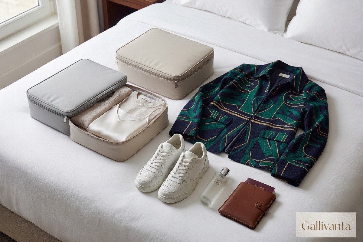 Flat lay of a curated capsule wardrobe packing cube system on a luxury hotel bed