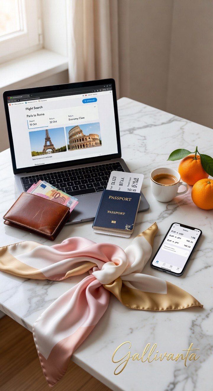 Flat-lay of travel budget essentials: laptop with flights, passport, currency, coffee on marble desk, Gallivanta