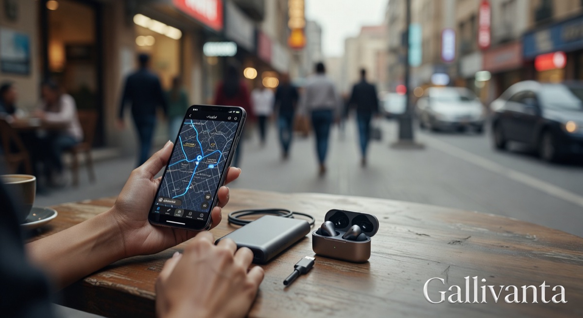 Woman using a smartphone map app at a cafe table with a compact power bank and minimalist earbuds