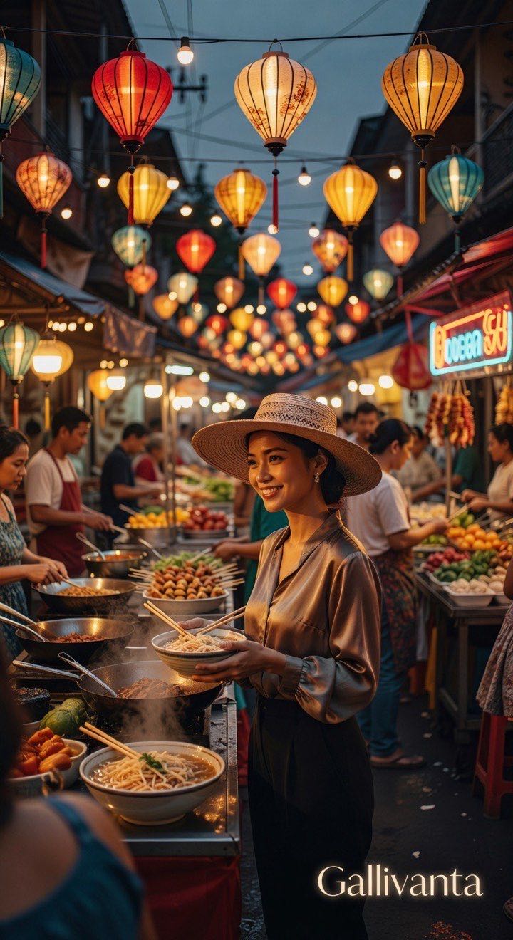 Elegant woman at vibrant Southeast Asian night market with noodles, colorful lanterns, Gallivanta