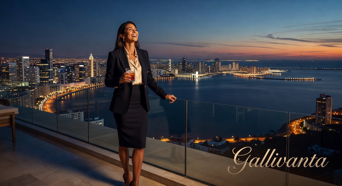 Woman in a dressy power outfit on a seaside terrace at evening with a glowing skyline