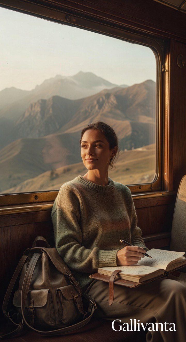Woman journaling by train window with mountain views, stylish backpack, Gallivanta