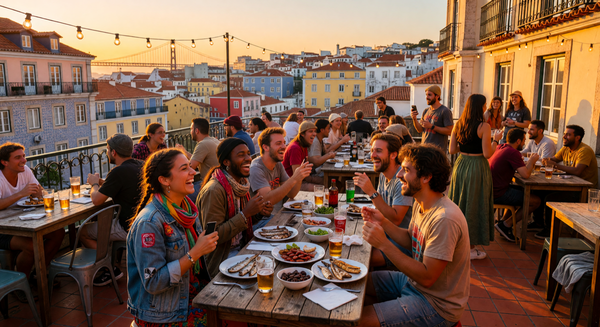 Group of travelers enjoying rooftop dinner in Lisbon
