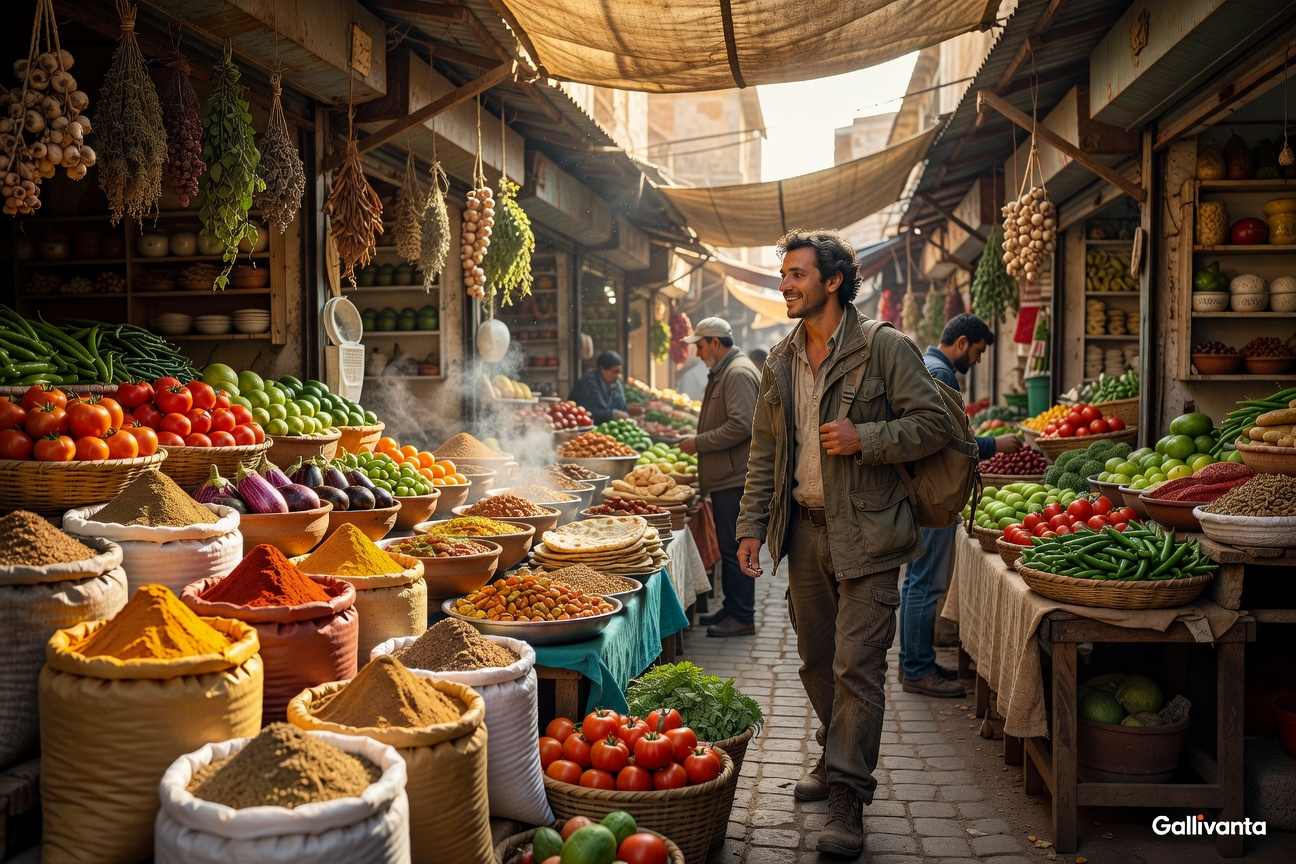 Solo traveler exploring a colorful local food market with regional specialties and Gallivanta branding