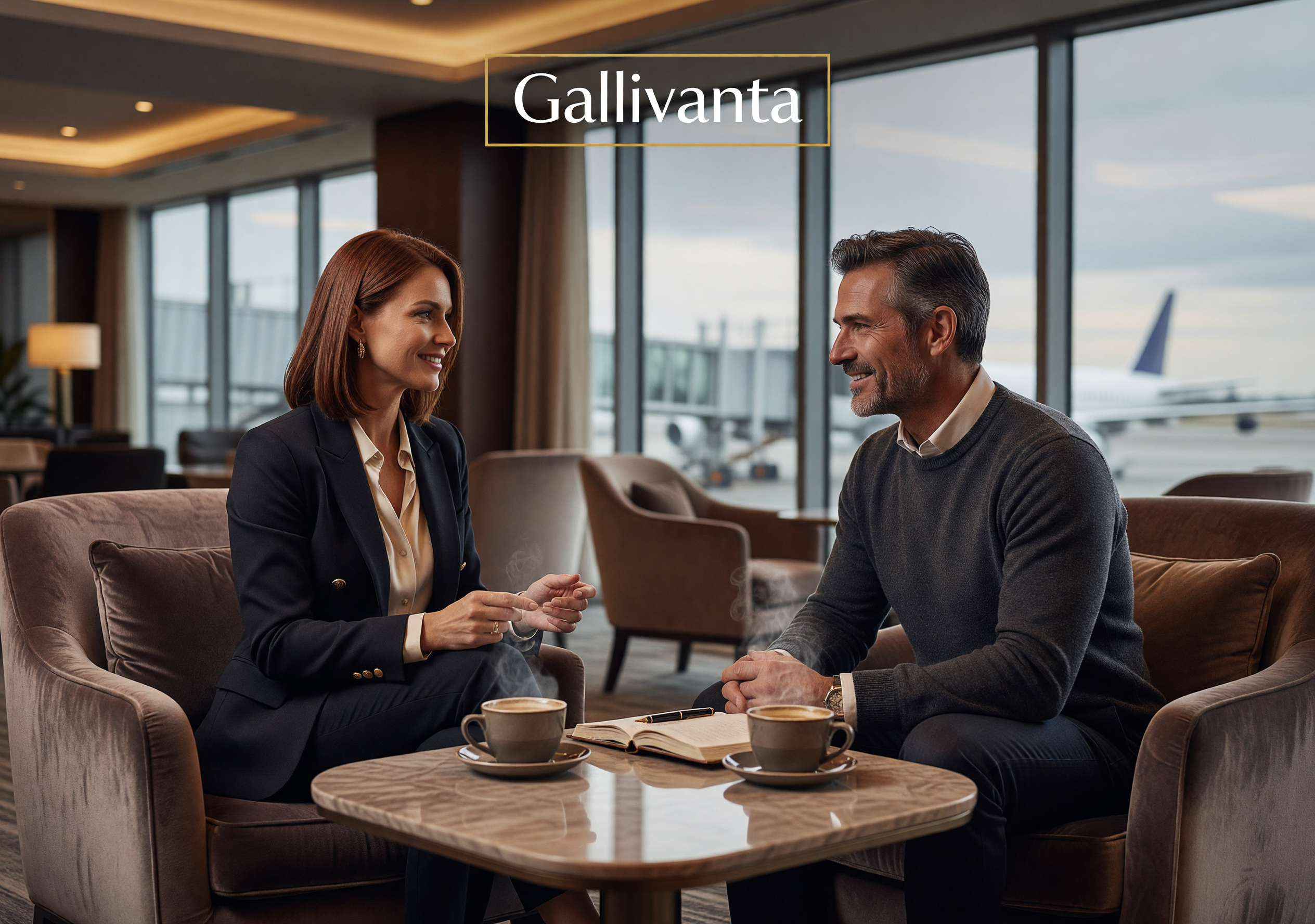 Confident solo female traveler meeting a potential travel partner in a chic public setting with Gallivanta overlay