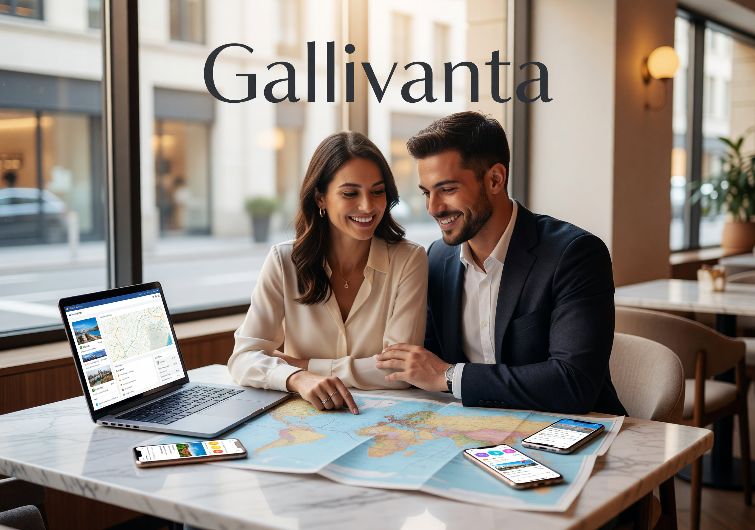 Travelers comparing trip plans and compatibility details with Gallivanta overlay