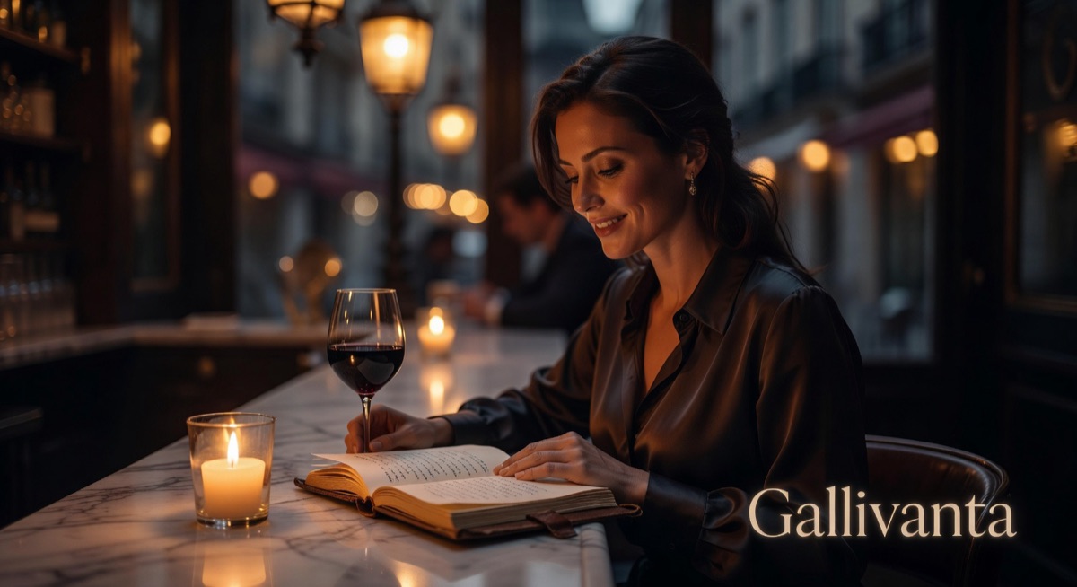 Woman enjoying solo dining experience at candlelit bar with wine and journal, Gallivanta