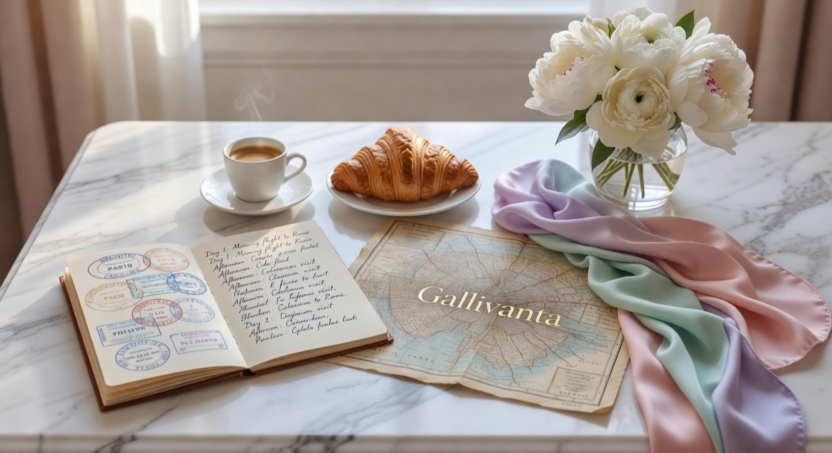 Flat-lay composition of solo travel planning on marble desk with passport, map, and coffee, Gallivanta