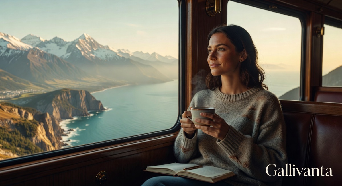 Woman gazing at scenic landscape from train window with coffee, embodying solo adventure, Gallivanta