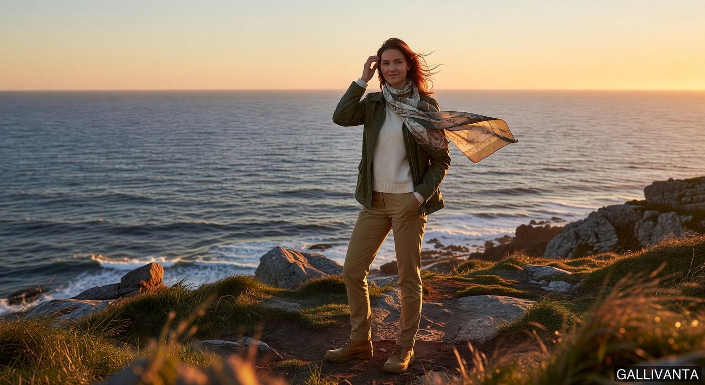 Solo woman standing at the edge of a dramatic clifftop at golden hour, wind in her hair, looking out over vast open landscape