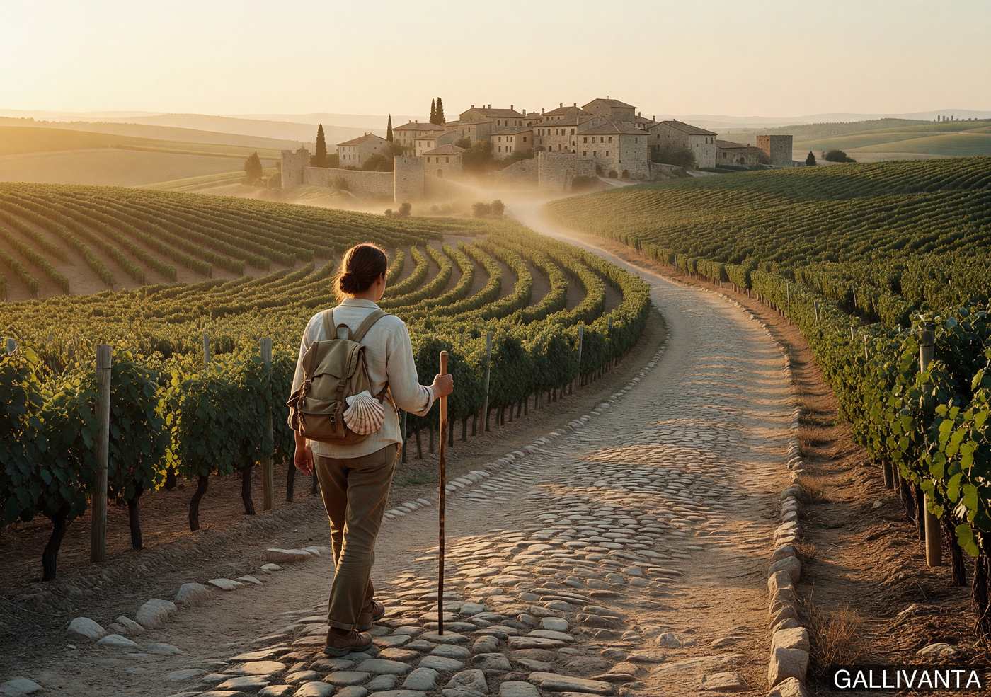 Woman walking alone on an ancient stone path through Spanish vineyards at sunrise, pilgrim's scallop shell visible on her backpack