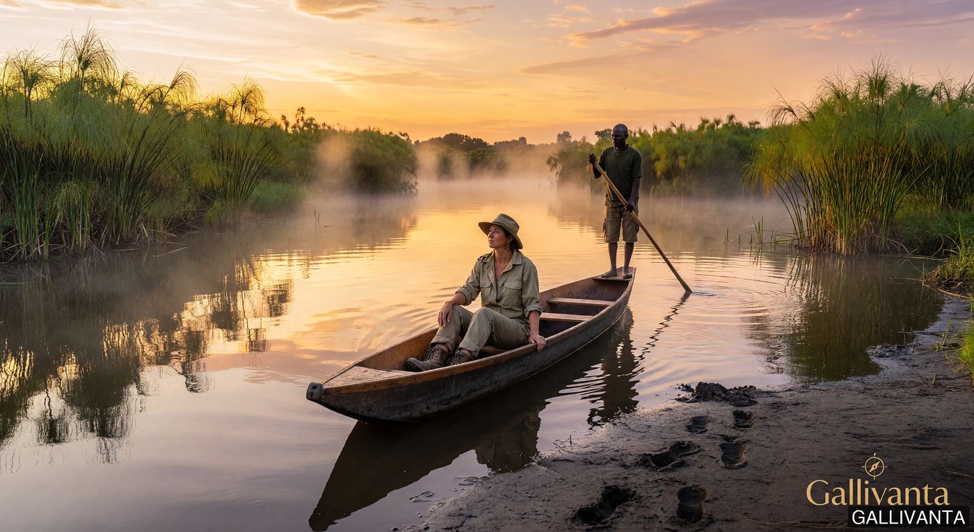 Solo female traveler in a traditional mokoro canoe gliding through papyrus channels of a delta at dawn, African sky reflecting in still water