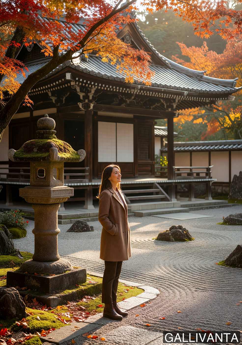 Solo woman in contemplative pose in front of a moss-covered stone lantern at a traditional Japanese temple in Kyoto, autumn maples framing the scene