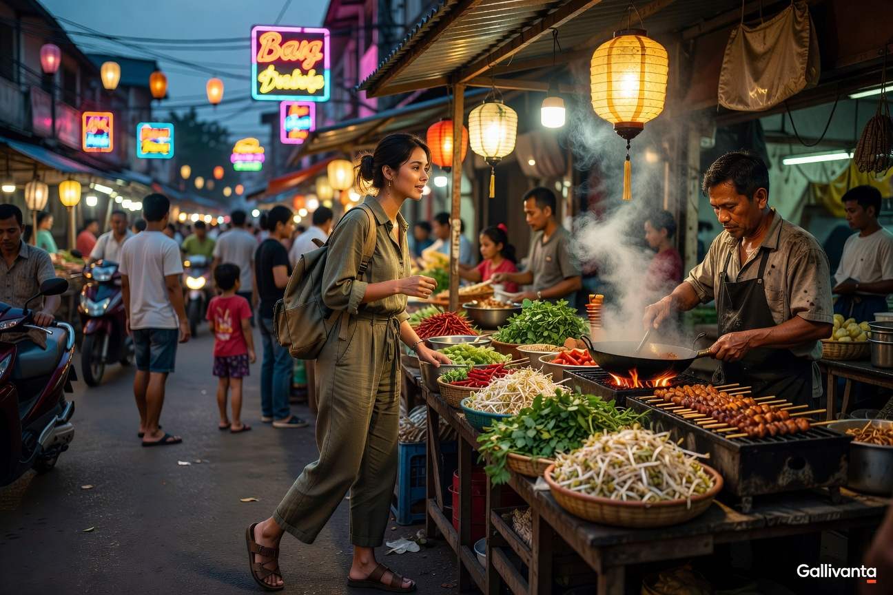 Solo traveler ordering affordable street food at a vibrant Southeast Asian night market with Gallivanta branding